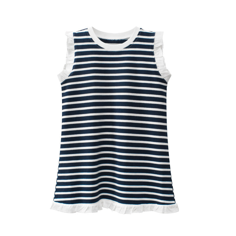 Baby Girl Classic Striped Print Ruffle Design Sleeveless Vest T-Shirt-0