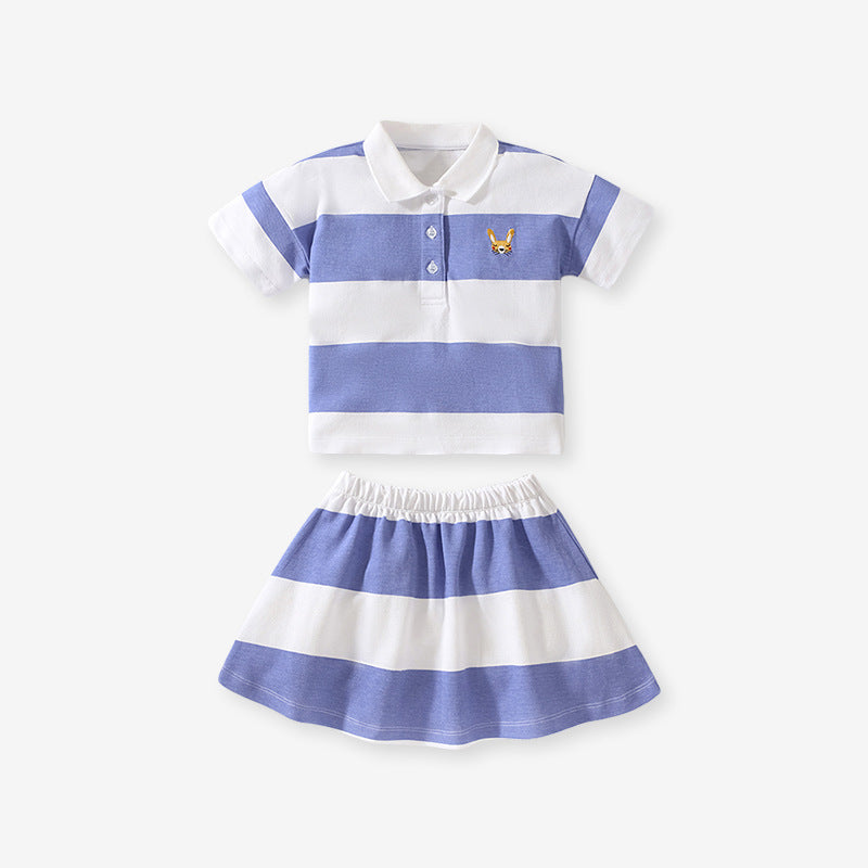 Summer Baby Kids Girls Animals Cartoon Logo Striped Polo Shirt And Skirt Clothing Set-0