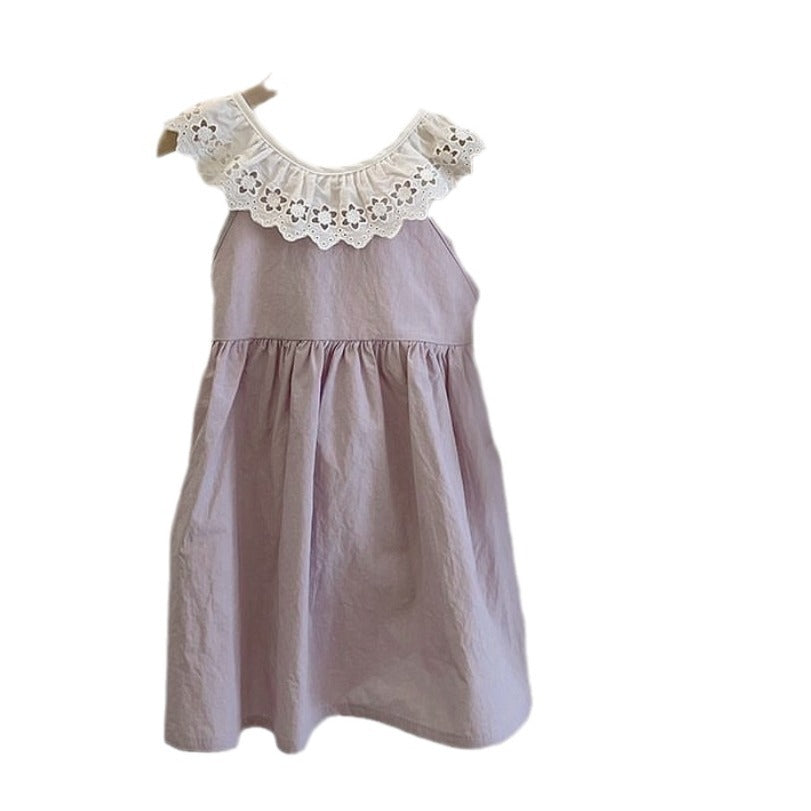 Summer Hot Selling Baby Kids Girls Sleeveless Hollow Out Collar Princess Dress-3