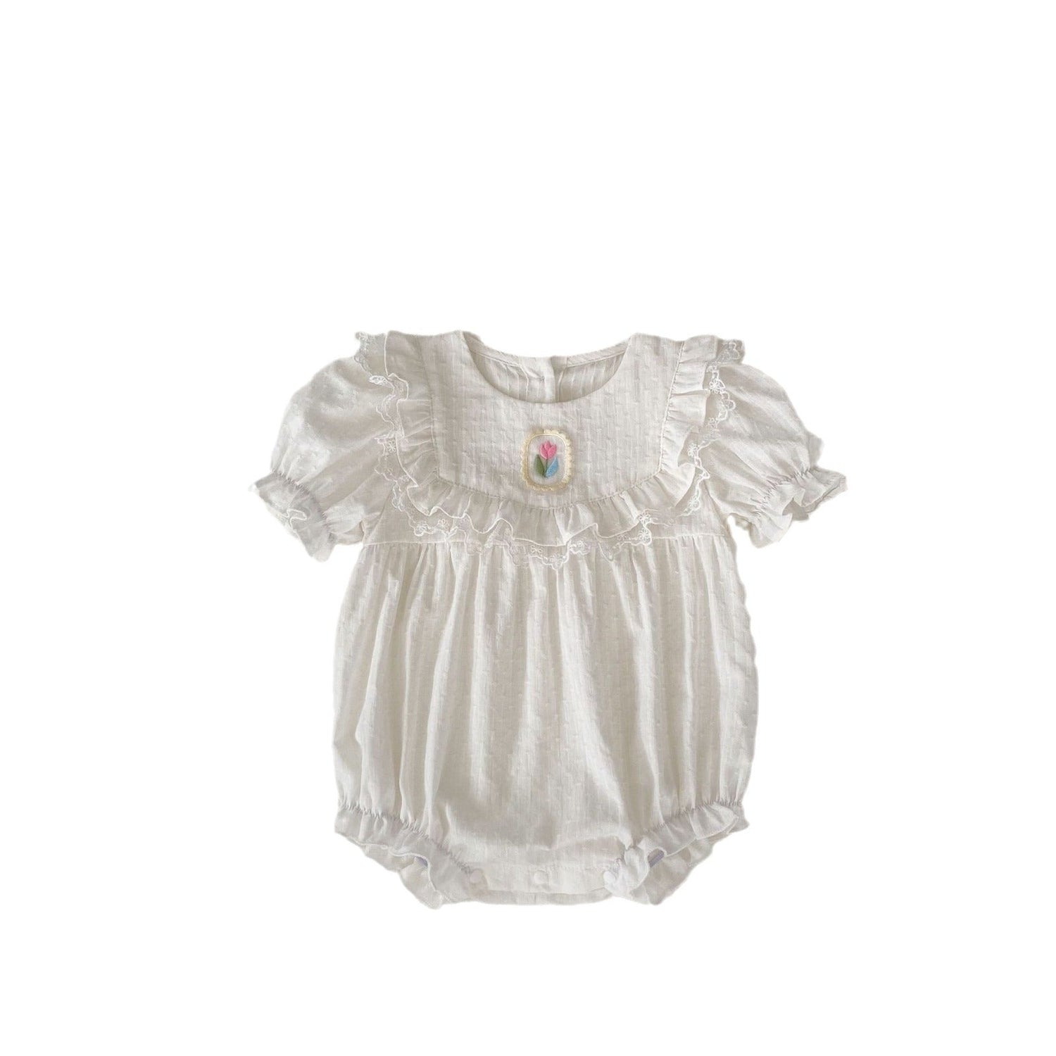 Summer Baby Girls Flower-Embroidered Short Sleeves White Onesies-1