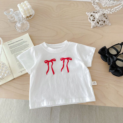 New Arrival Summer Baby Kids Girls Bow Embroidery Pattern Simple Overalls Design Dress And T-Shirt – Sister Matching Set-1