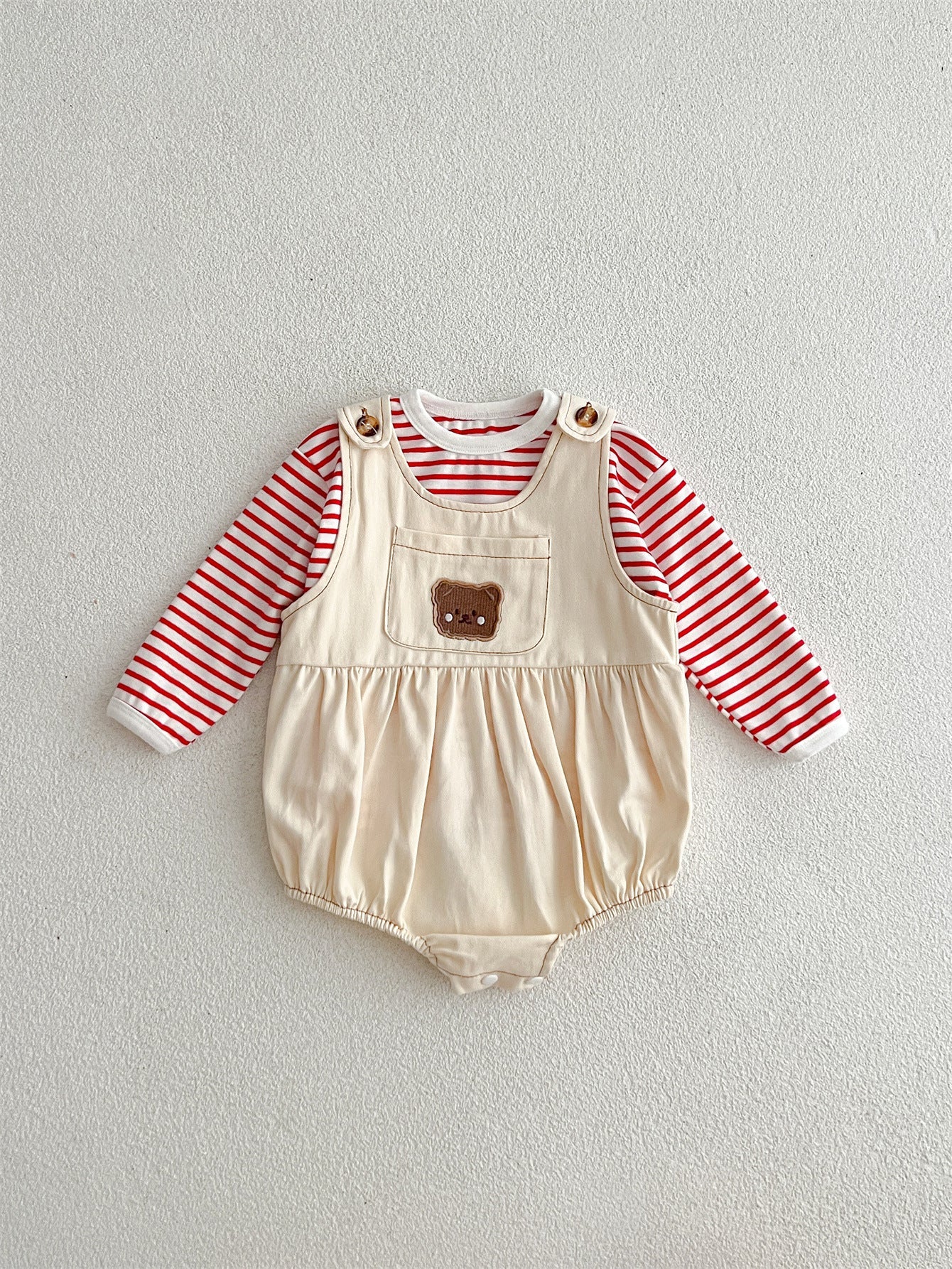 Baby Girls Cute Teddy Overalls Onesie And Striped Top Set-3