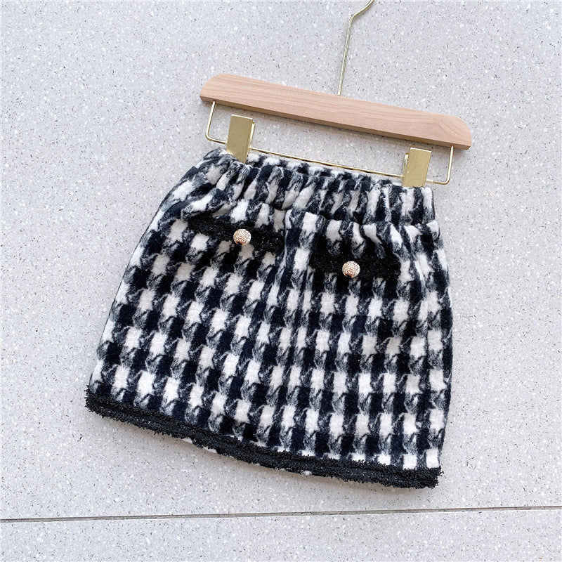 Girls Houndstooth Pattern Single Breasted Cardigan&amp;Skirt Elegant Style Sets-4