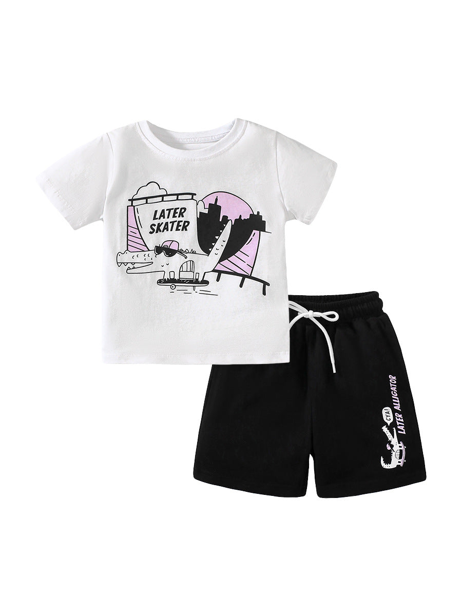 Baby And Kids Boys Alligator Cartoon Short Sleeves Top And Shorts 2-Piece Casual Clothing Set-1