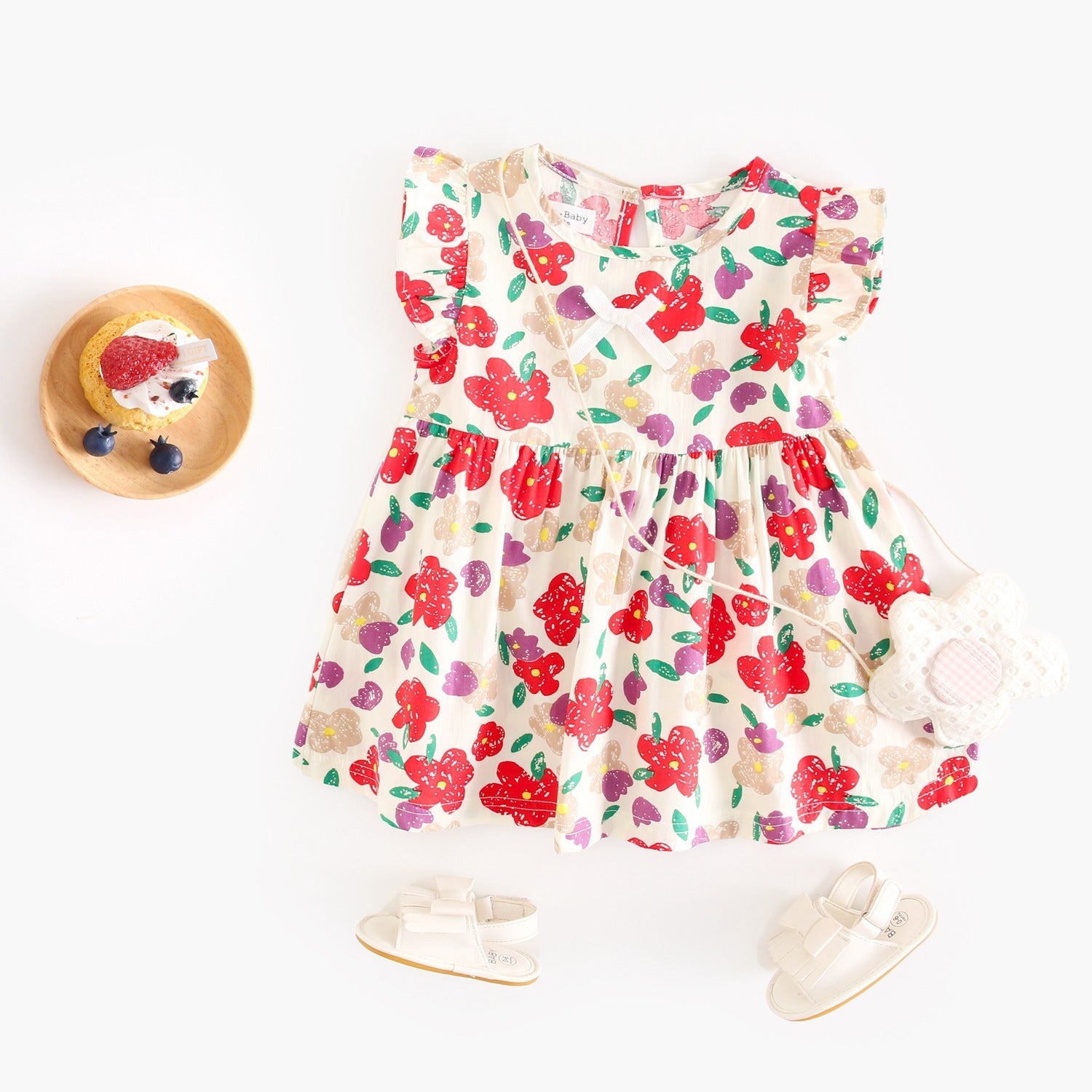 Summer New Design Baby Girls Oil Painting Style Floral Print Fly Sleeves Crew Neck Dress-3