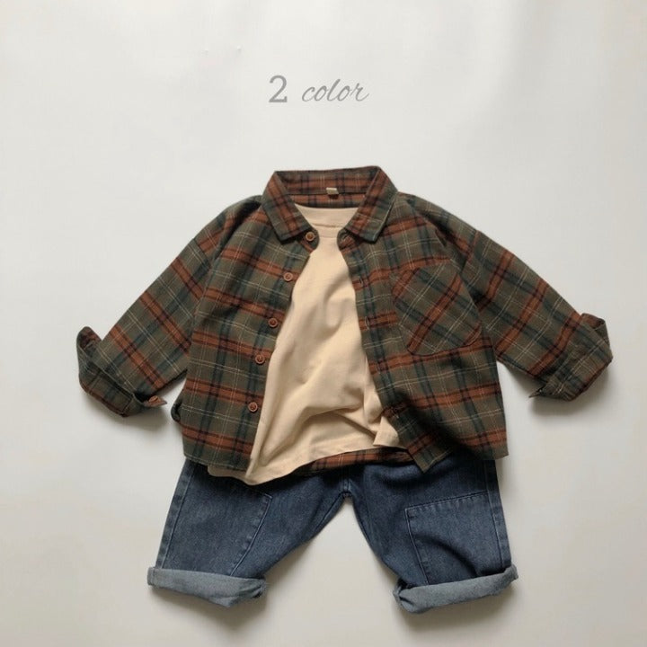 Baby Plaid Pattern Vintage Style Lapel Design Shirt-3