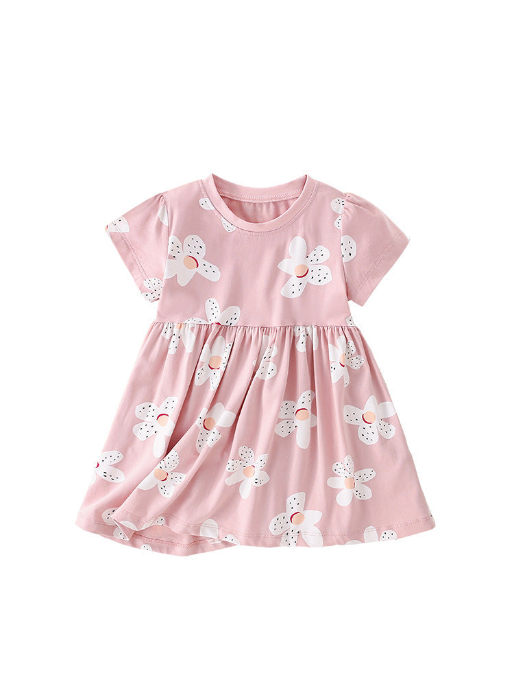 Spring And Summer Baby Girls Short Sleeves Floral Pink Dress-0