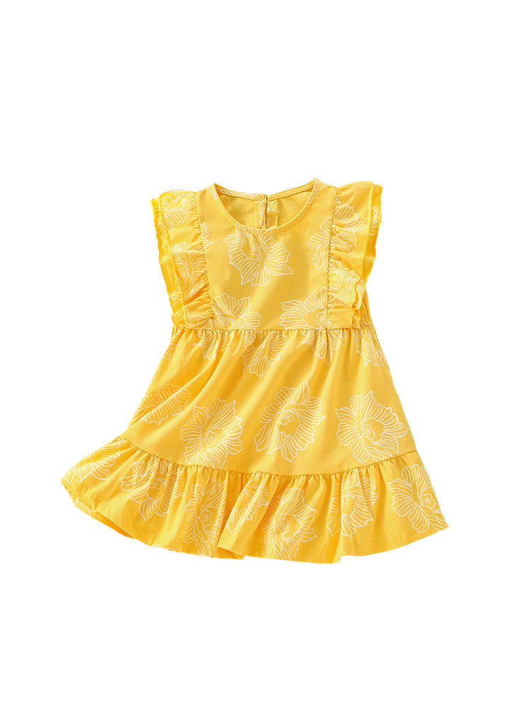 Summer New Arrival Girls’ Flowers Pattern Fly Sleeves Crew Neck Yellow Dress-0