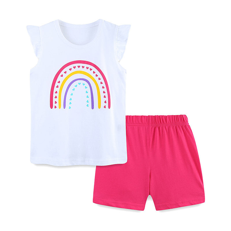 Summer Baby Kids Girls Heart Rainbow Print T-Shirt And Shorts Clothing Set-0