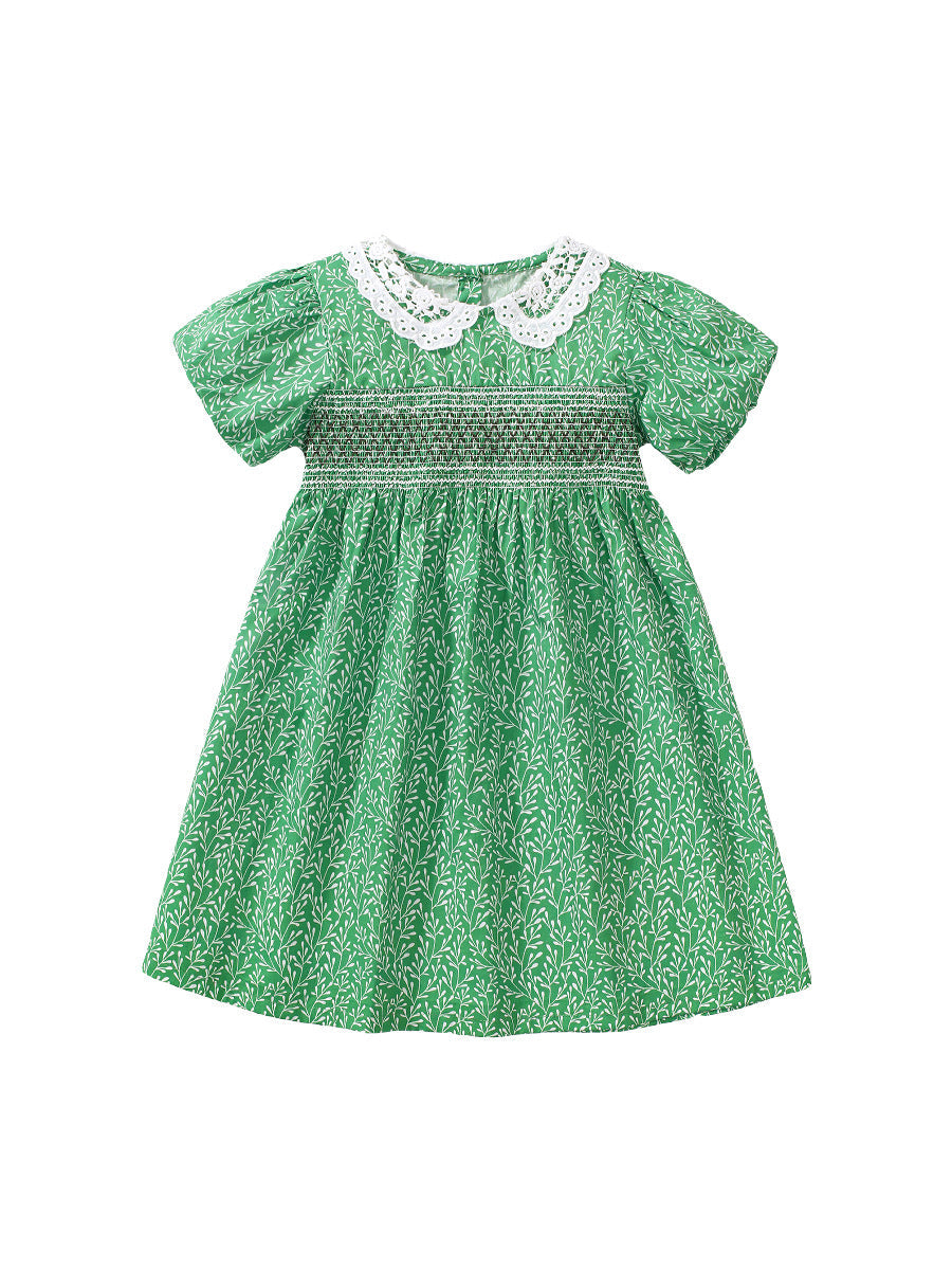 Summer Baby Kids Girls Short Sleeves Lace Collar Vine Print Dress-1