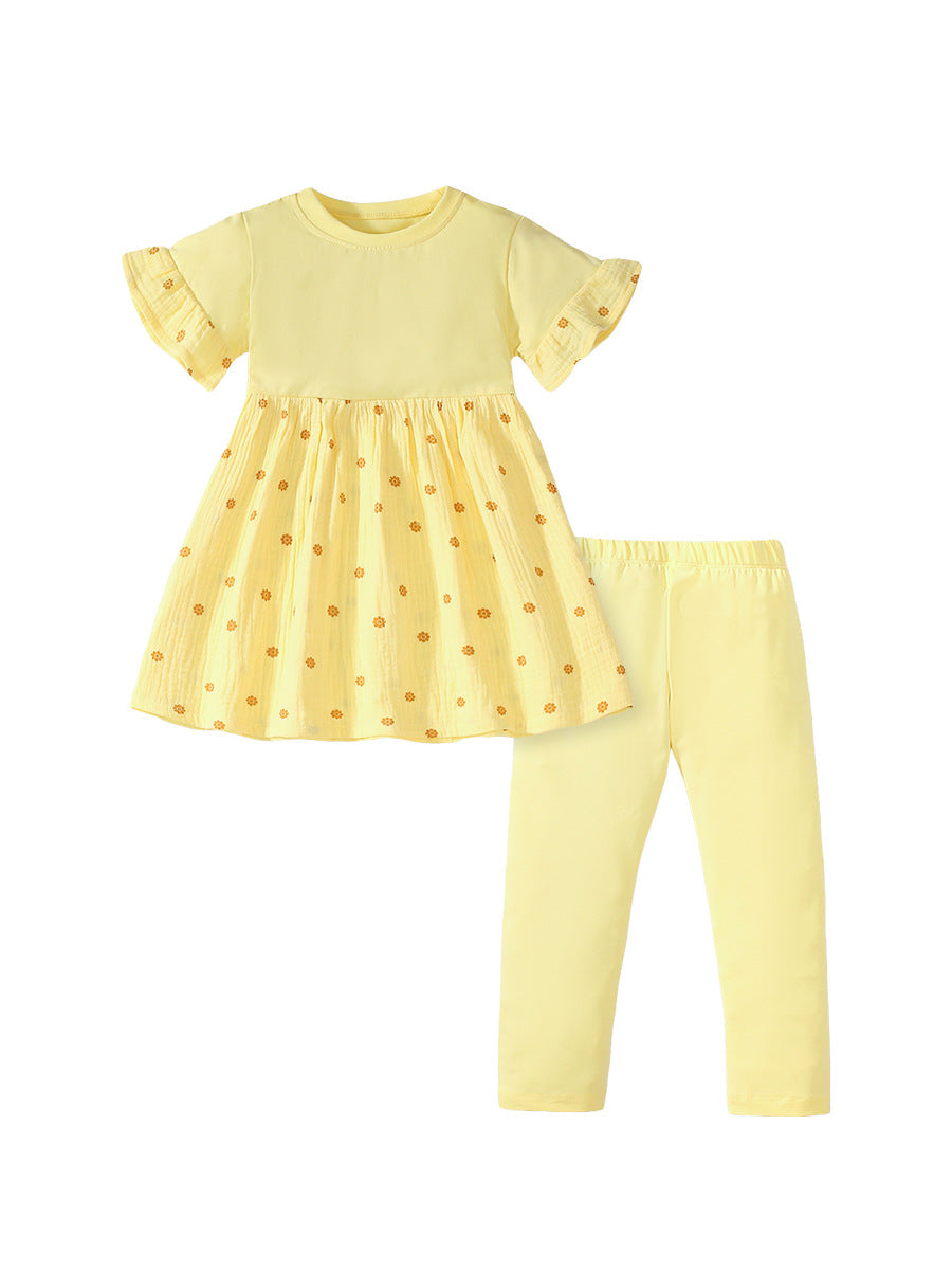 Summer Baby Kids Girls Polka Dots Yellow Dress And Pants 2-Piece Clothing Set-1