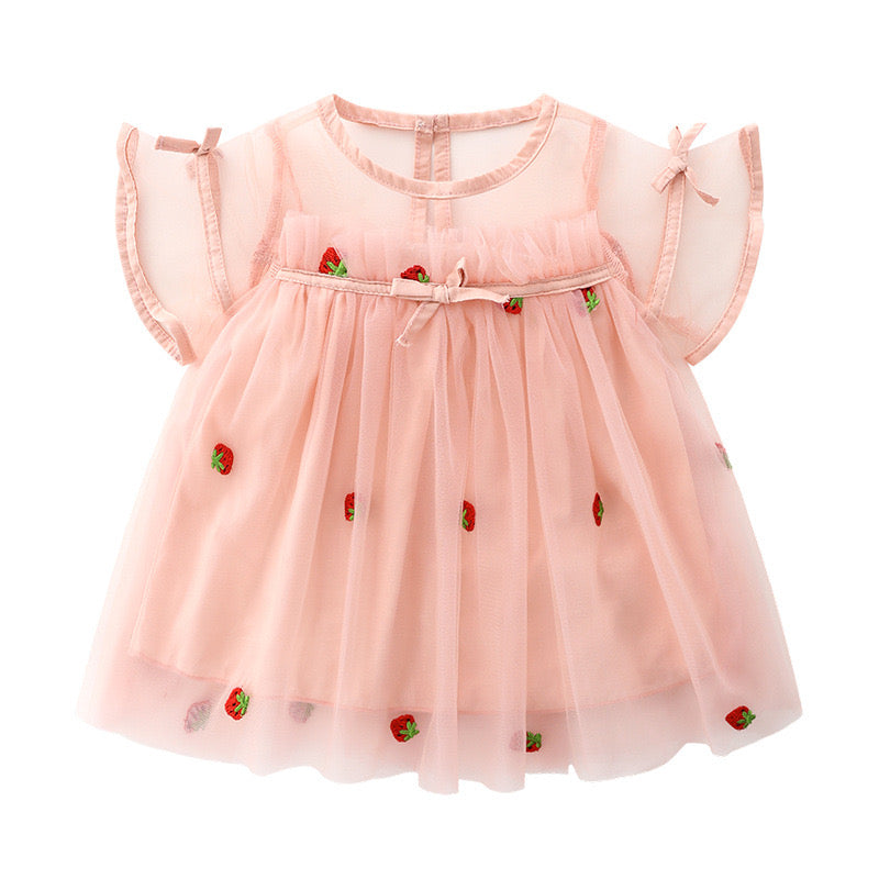 Baby Girl Strawberries Embroidered Mesh Overlay Design Bow Tie Patched Hundred Dress-0