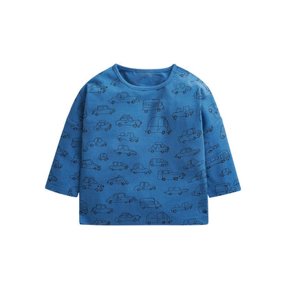 Baby Boy Print Pattern Solid Blue Long Sleeve Cotton Shirt-0