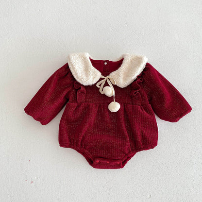 New Arrival Baby Girls Solid Color Long Sleeves Red Ruffle Thick Princess Onesie-3