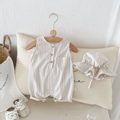 New Design Summer Baby Kids Unisex Plain Simple Striped Pattern Crew Neck Sleeveless Romper-4