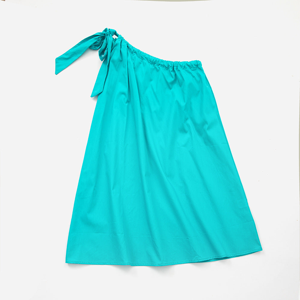 Girl Solid Color Single Shoulder Sling Design Vacation Dress-0