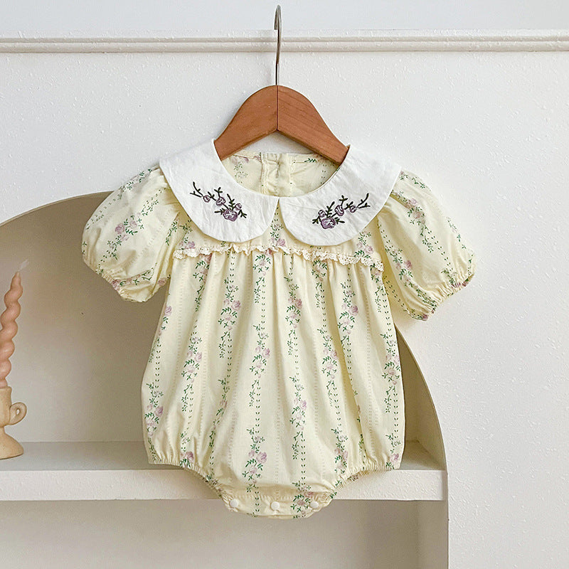 New Design Summer Baby Kids Girls Floral Striped Pattern Short Sleeves Embroidered Onesies And Girls’ Dress – Princess Sister Matching Set-3