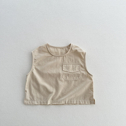 New Arrival Kids Unisex Crew Neck Sleeveless Thin Solid Color Top Vest With Pocket-3