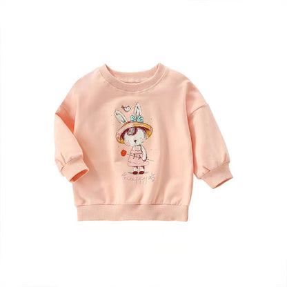 Baby Girl Cartoon Print Pattern Loose Pullover Round Neck Hoodies-4