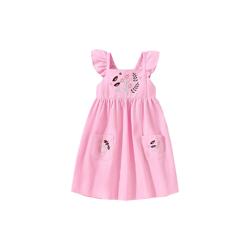 Baby Kids Girls Pink Square Neck Floral Embroidered Fly Sleeves Strap Dress-1