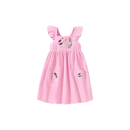 Baby Kids Girls Pink Square Neck Floral Embroidered Fly Sleeves Strap Dress-1