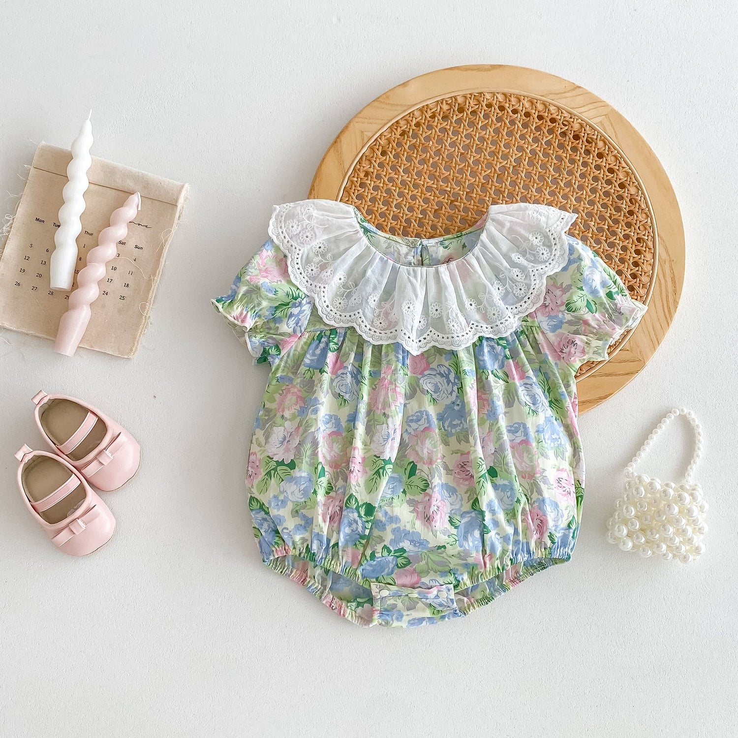 Summer New Arrival Baby Girls Floral Print Short Sleeves Ruffle Collar-4