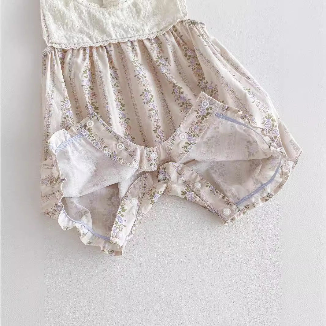 New Design Summer Baby Kids Girls Floral Pattern Ruffle Lace Neck Sleeveless Patchwork Romper-3