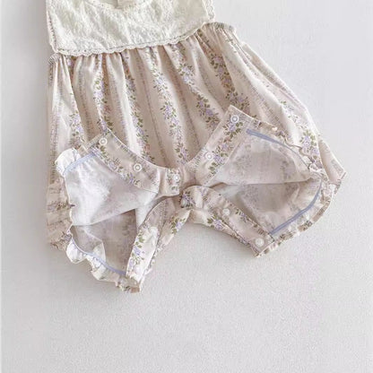 New Design Summer Baby Kids Girls Floral Pattern Ruffle Lace Neck Sleeveless Patchwork Romper-3