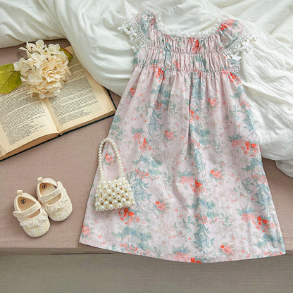 Summer New Arrival Girls’ Classic Lace Sleeves Square Neck Floral Pattern Dress-3