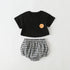 Baby Smiley Print Pattern Solid Tee Combo Plaid Pattern Triangle Shorts Sets-4