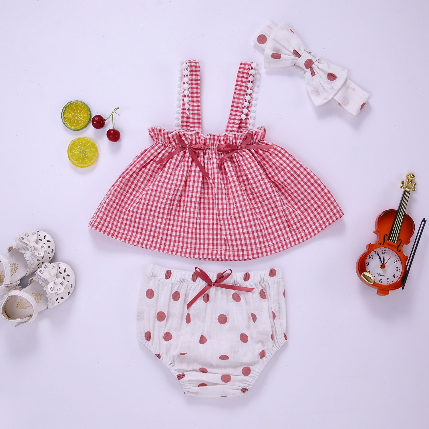 Baby Girl Plaid Pattern Sling Tops Combo Polka Dot Shorts With Handband Sets-3