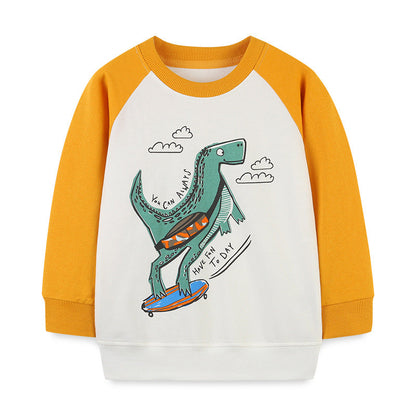 Baby Boy Cartoon Dinosaur Pattern Color Matching Design Cotton Hoodie-0