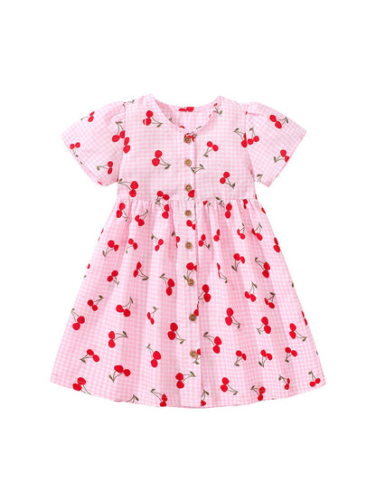 Baby Girls Crew Neck Plaid Cherry Print Short Sleeves Dress-0