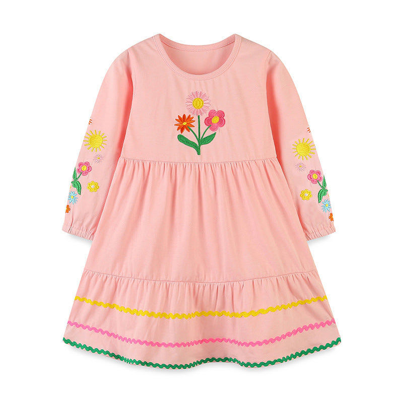 Adorable Floral Embroidered Dress: A Sweet Round Neck Princess Dress For Girls-0