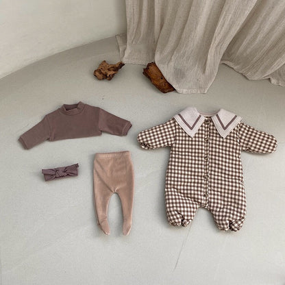 Baby 1pcs Plaid Pattern Lapel Design Quilted Warm Rompers-3