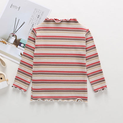 Striped Pattern Wooden Ear Edge Design Round Neck Long Sleeve Bottoming Spring Autumn Shirt-4