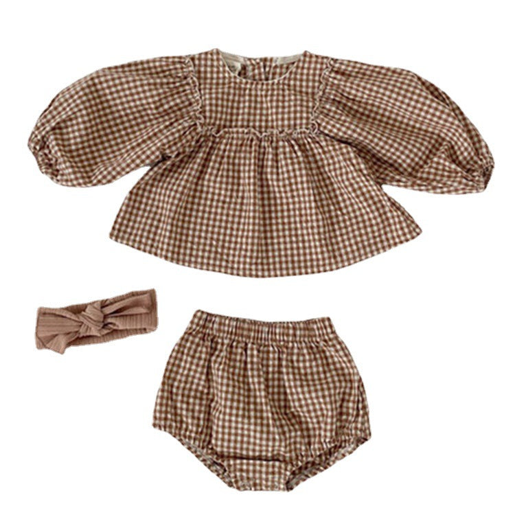 Baby Girl Plaid Pattern Loose Blouses WIth Shorts Headband 3 Pieces Sets-3