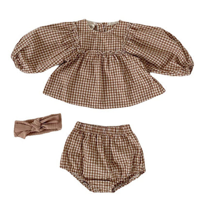 Baby Girl Plaid Pattern Loose Blouses WIth Shorts Headband 3 Pieces Sets-3