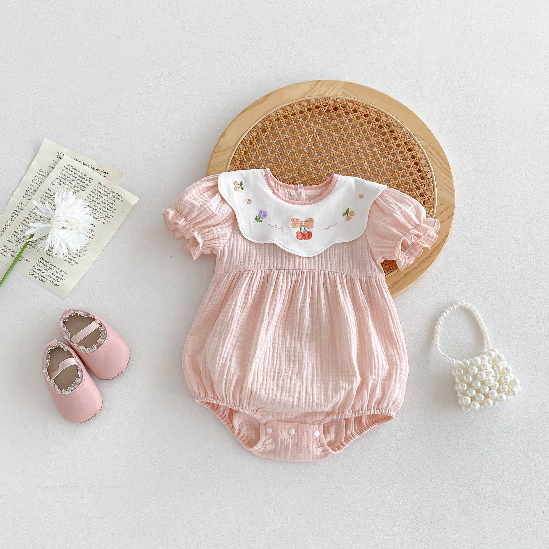 Hot Selling Summer Baby Kids Girls Pink Short Sleeves Fruits Embroidery Collar Onesies-3