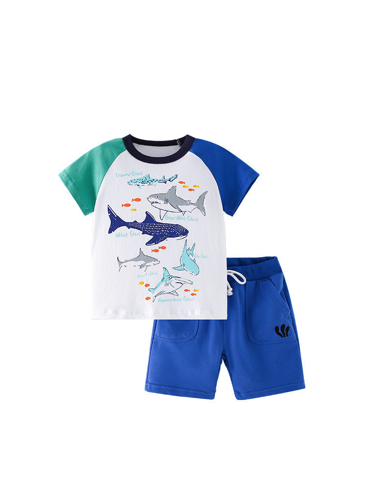 Summer Baby Kids Boys Sharks Cartoon Pattern T-Shirt And Blue Shorts Clothing Set-0