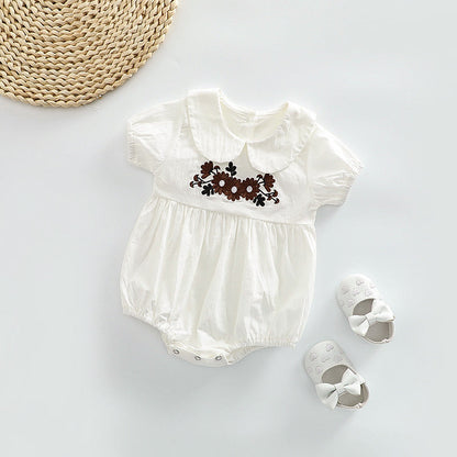 Baby Girl 1pcs Floral Embroidered Pattern Doll Neck Solid Color Onesies-3