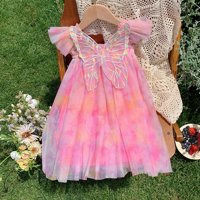 Summer Baby Kids Girls Gradient Fly Sleeves Butterfly Design Mesh Princess Dress-4