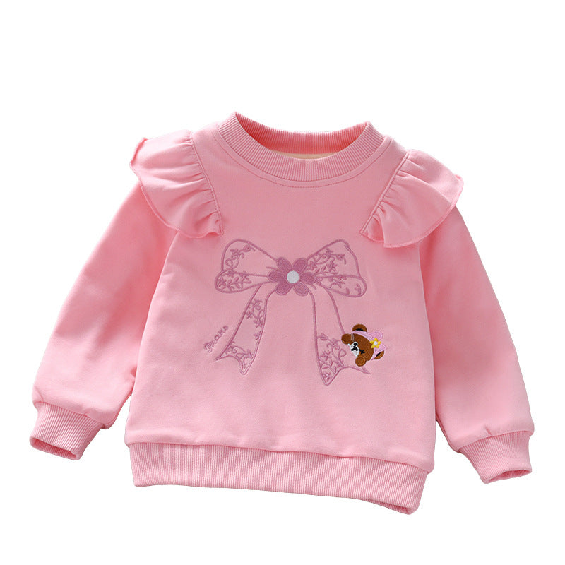 Baby Girl Embroidered Pattern Ruffle Design Fleece Thickened Hoodies-3