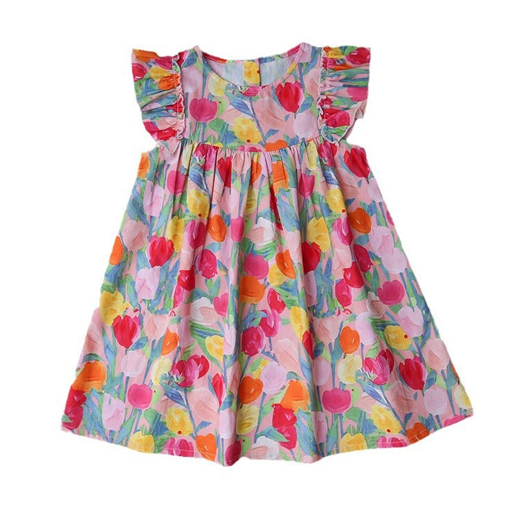 Summer New Arrival Kids Girls Fly Sleeves Tulip Flowers Pattern Dress-3