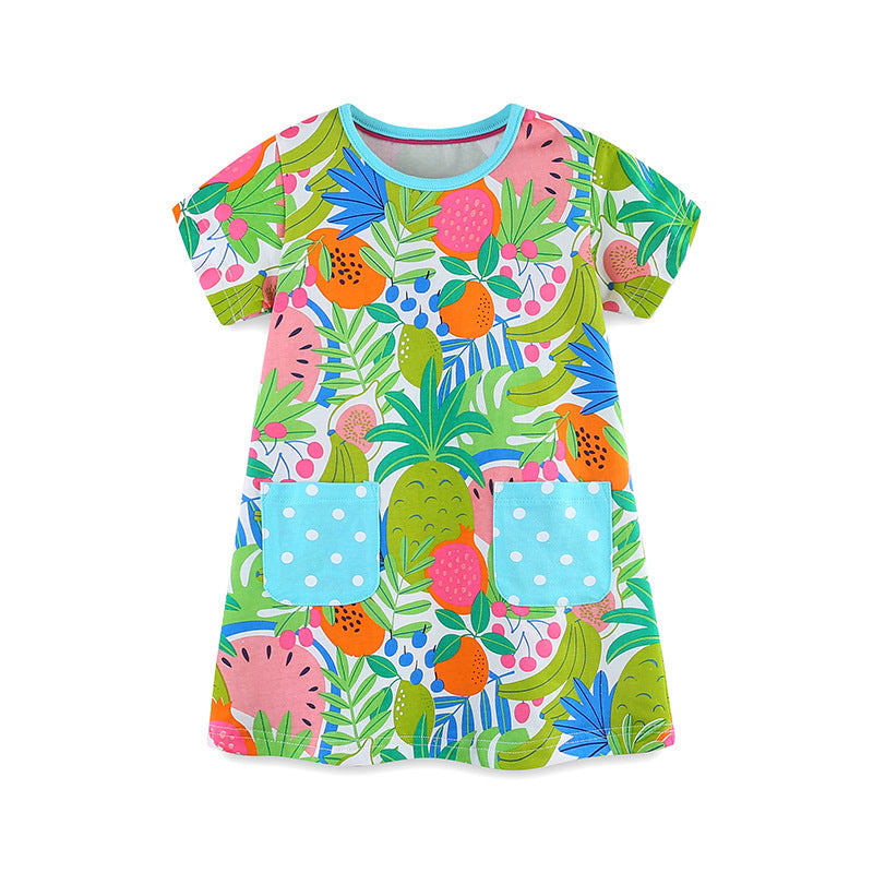 Summer New Arrival Girls’ Tropical Fruits Pattern Print Short Sleeves Dress-0