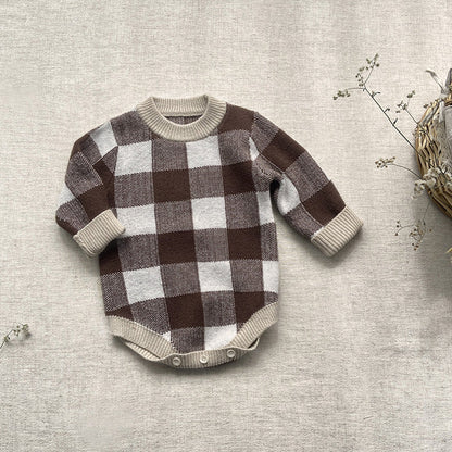 Baby Plaid Graphic Long Sleeve Crewneck Knit Thickened Onesies-3