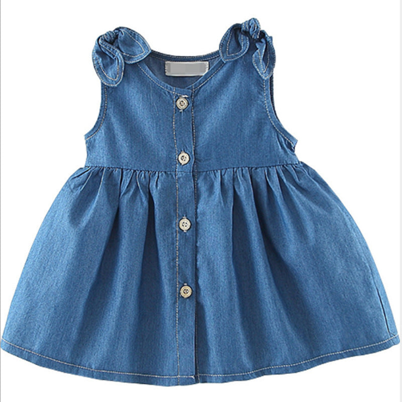 Baby Girl Solid Blue Denim Dress In Summer-0