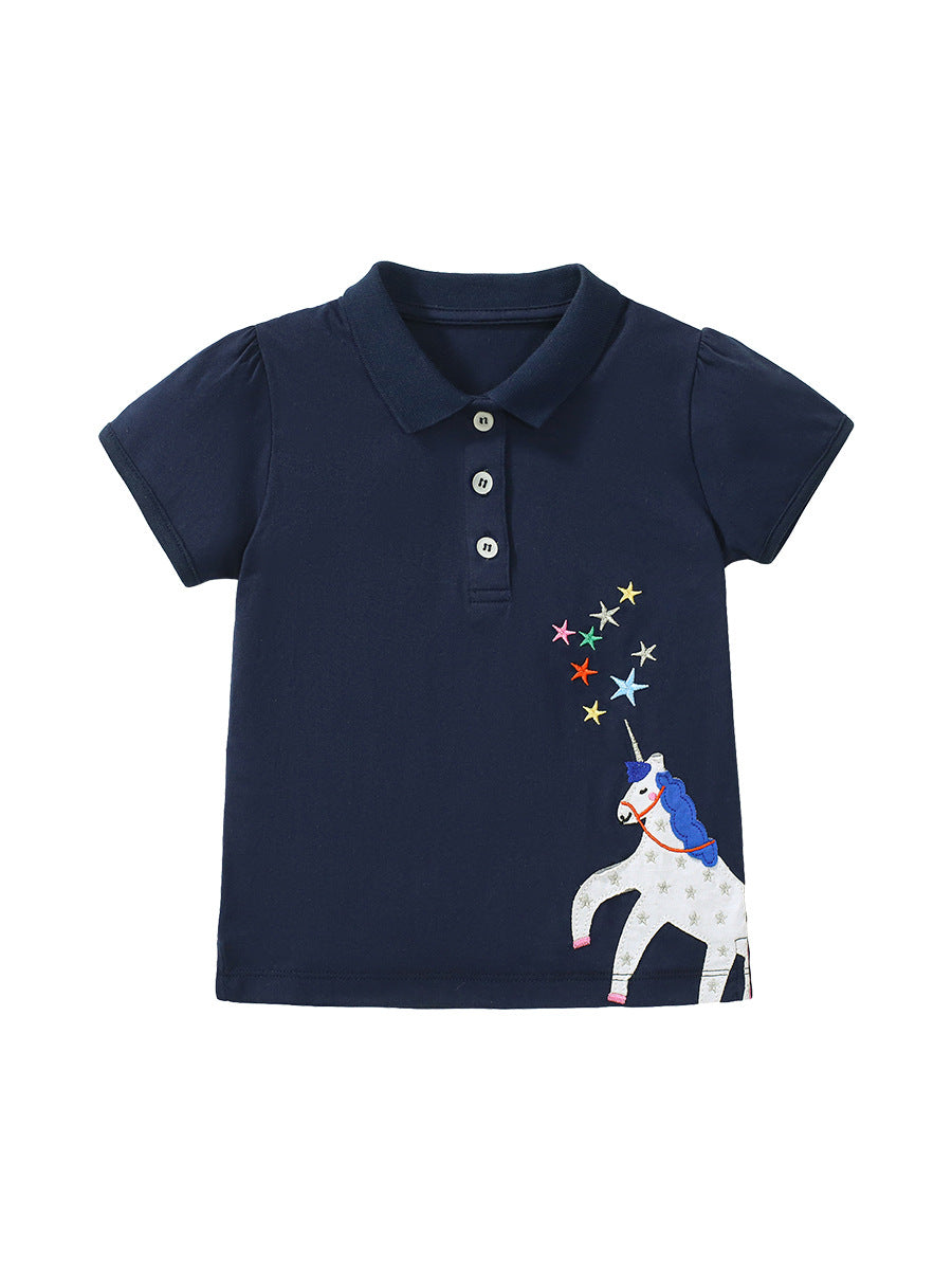 Baby Kids Girls Cartoon Unicorn Pattern Short Sleeves Polo Shirt-1