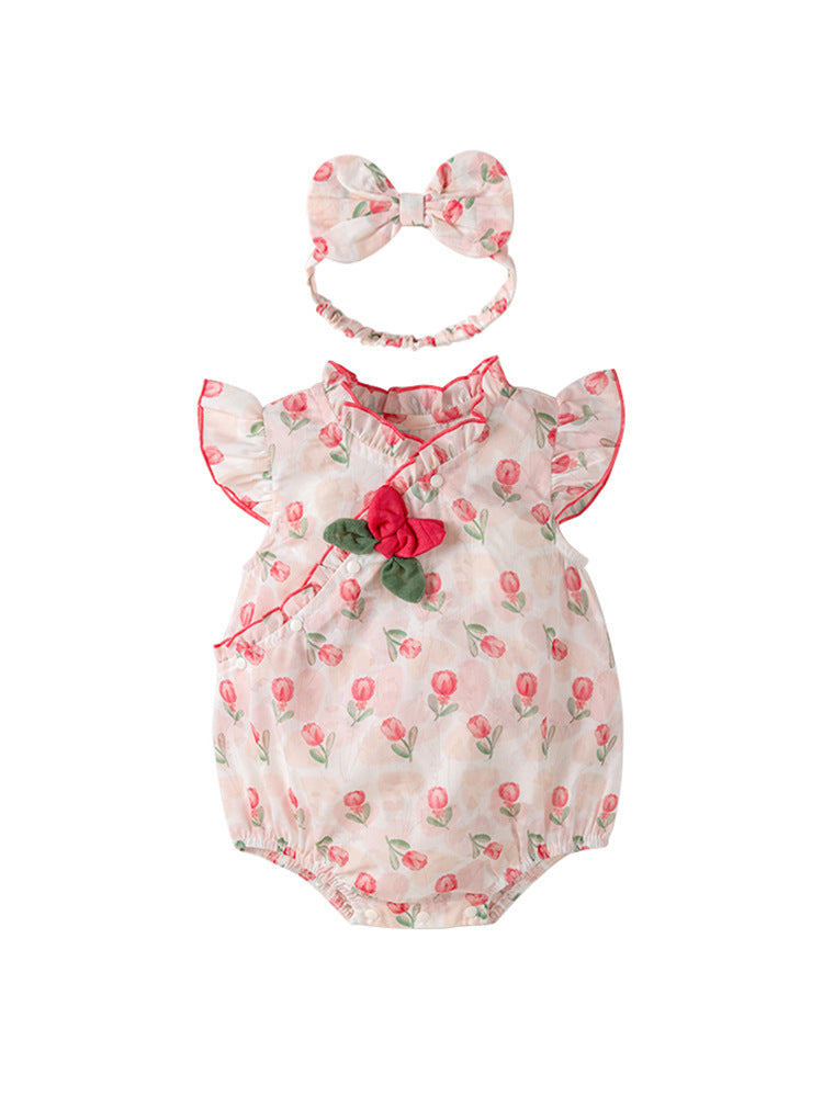 Summer New Design Baby Girls Red Rose Flowers Pattern Fly Sleeves Ruffle Neck Sweet Cute Onesies-0