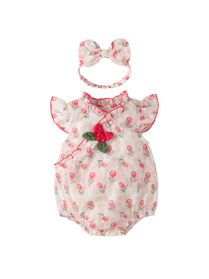 Summer New Design Baby Girls Red Rose Flowers Pattern Fly Sleeves Ruffle Neck Sweet Cute Onesies-0